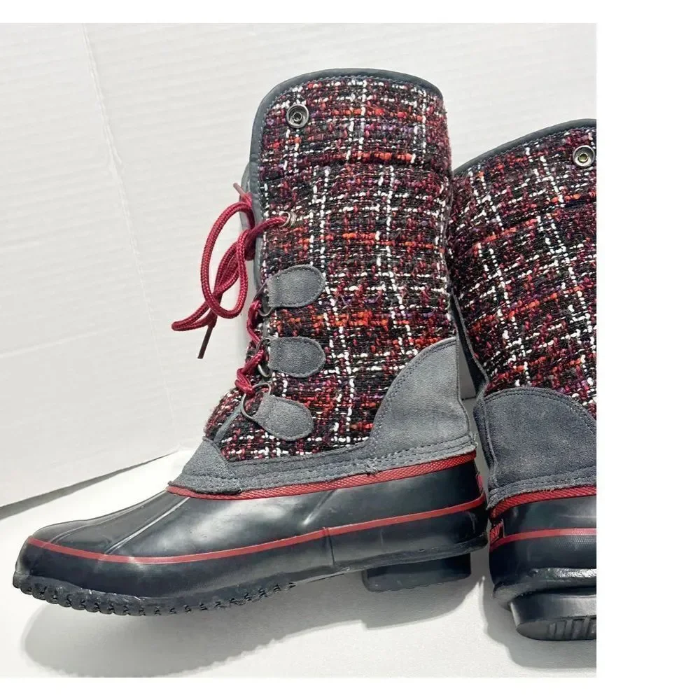 Khombu Elysse Rubber Upper Water Resistant Boots Plaid Lace Up Black‎ Red 8